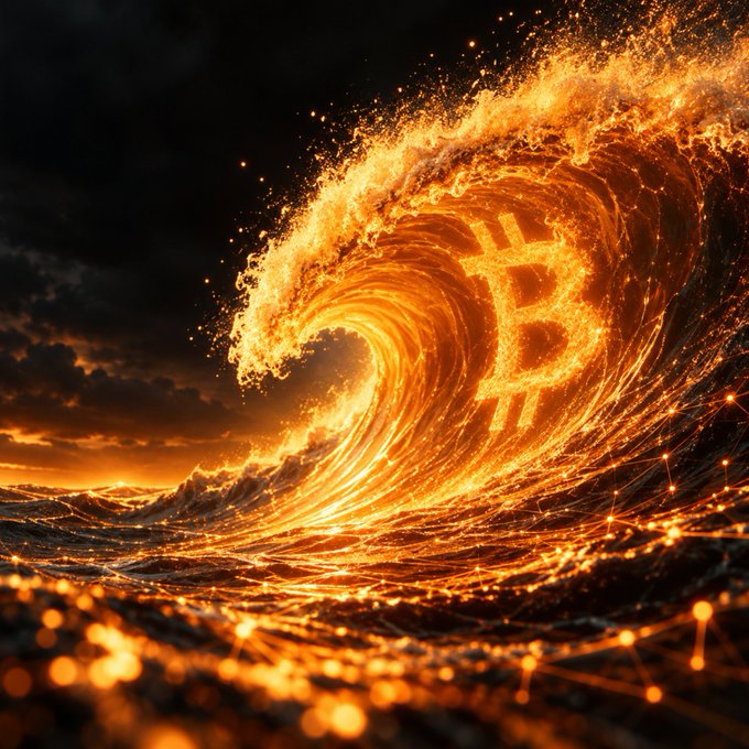 A dramatic digital artwork of a fiery ocean wave crashing, with a glowing Bitcoin symbol incorporated into the wave's curl.