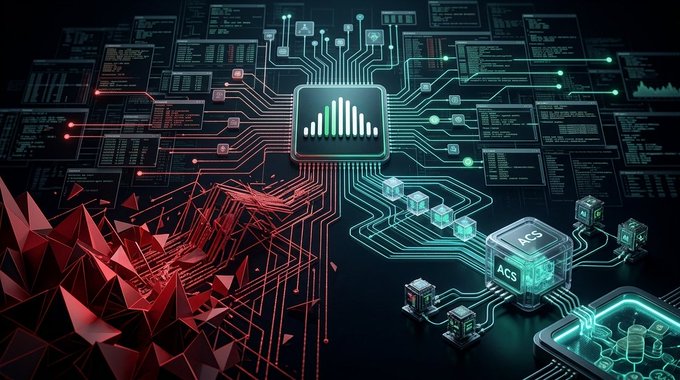 A digital artwork depicting a glowing green audio equalizer chip connected to circuitry, with red geometric shapes on the left and green data cubes labeled "ACS" on the right.