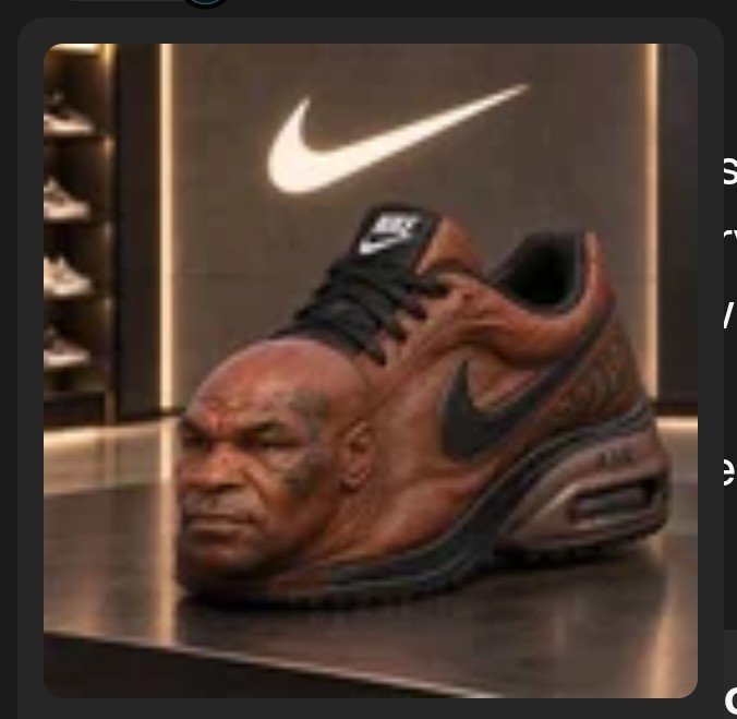 A bizarre AI-generated Nike Air Max sneaker features a realistic face resembling Mike Tyson molded into the toe box area, displayed on a counter with a glowing Nike logo behind it.