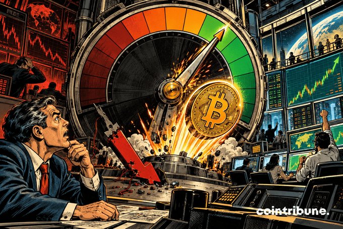 A dramatic illustration depicts a panicked trader watching a large gauge with a Bitcoin coin as the needle, surrounded by crashing stock charts and global financial screens, branded with 'cointribune'.