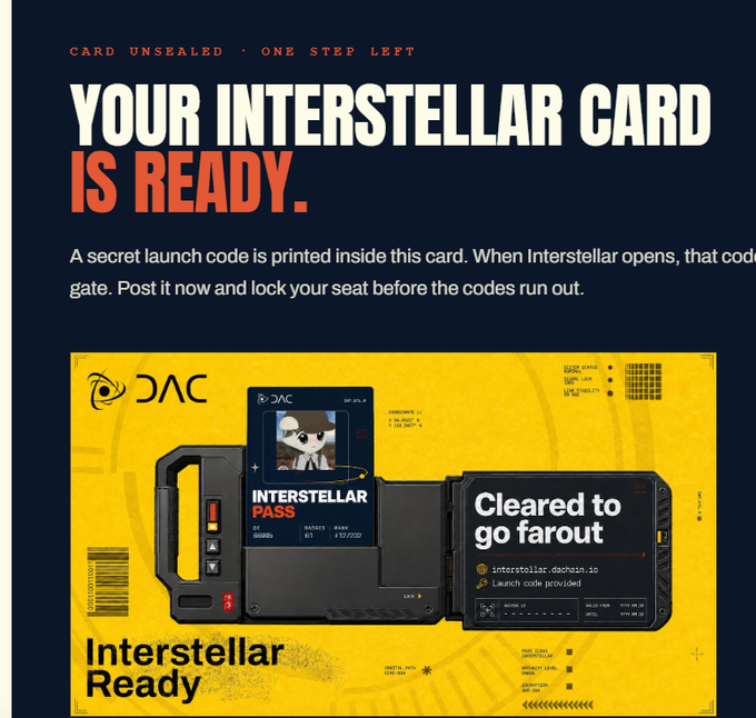 A promotional graphic titled 'YOUR INTERSTELLAR CARD IS READY' advertises a card with a secret launch code for 'INTERSTELLAR PASS' from 'DAC', featuring a stylish card design with the text 'Cleared to go far out.'