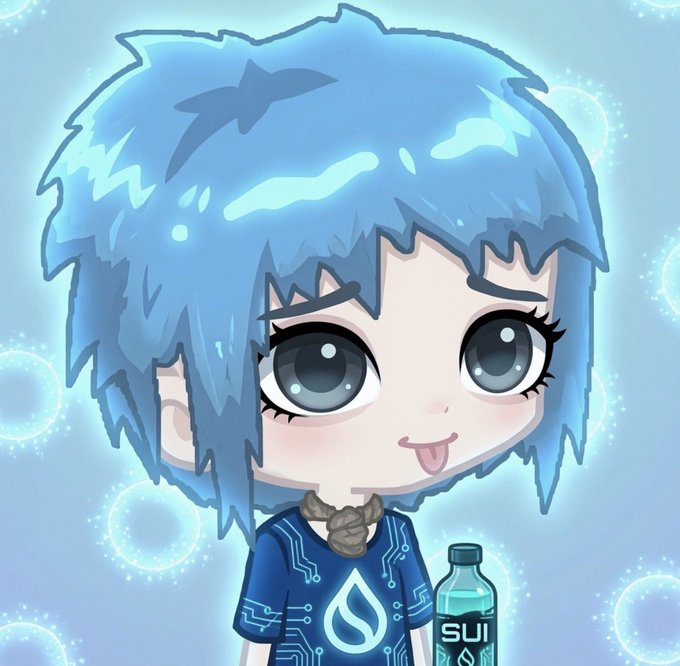 A chibi-style anime character with blue hair and a blue shirt, sticking out their tongue, positioned next to a 'SUI' water bottle on a sparkly blue background.