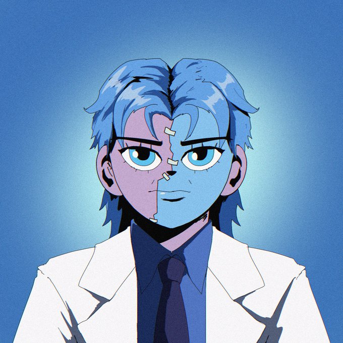 A blue-toned anime-style portrait shows a stitched-together character in a lab coat and tie, gazing forward with piercing eyes, fitting the "Gm NFTs" post as a quirky, futuristic avatar aesthetic popular in the NFT community.
