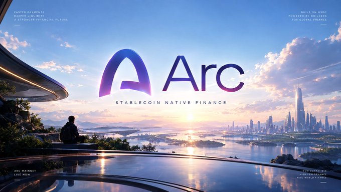 A futuristic advertisement for "Arc - Stablecoin Native Finance" shows a figure overlooking a futuristic city and infinity pool at sunset, with text including "Built on USDC" and "Real World Finance."