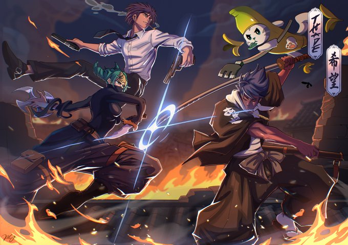 Anime-style promotional artwork featuring four characters in dynamic poses with weapons (knives, rifle, scythe, and sword), with Japanese labels reading '天空' (Sora) and '希望' (Kibo).