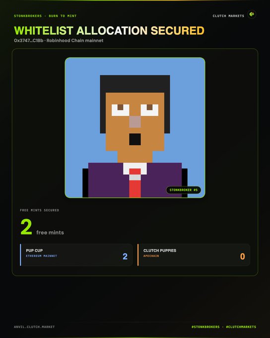 A Clutch Markets interface showing 'WHITELIST ALLOCATION SECURED' for a pixel-art NFT character labeled 'STONKSBROKES #9' with stats showing 2 free mints secured.
