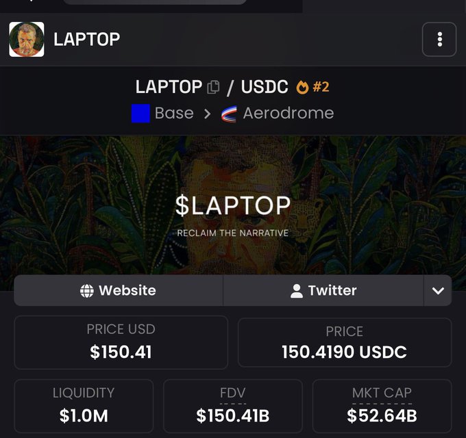 A trading platform page shows the LAPTOP/USDC trading pair on the Base network via Aerodrome, with a current price of $150.41 USD, a market cap of $52.64B, and the slogan 'RECLAIM THE NARRATIVE.'