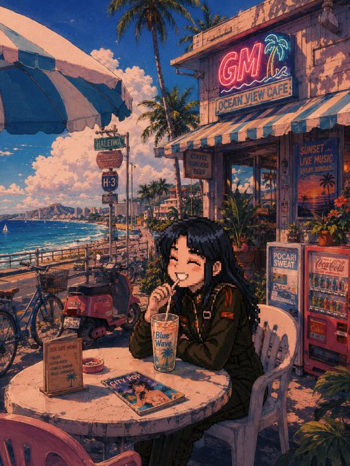 An anime-style illustration of a girl smiling while drinking at an outdoor cafe table, with a neon 'GM OCEAN VIEW CAFE' sign, palm trees, and a beach in the background.