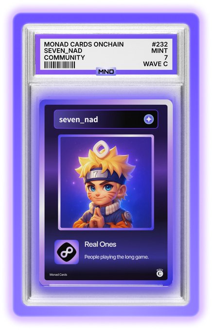A graded NFT-style "Monad Cards Onchain" collector card featuring the username "seven_nad" as a chibi Naruto-inspired character with the "Real Ones" trait and tagline "People playing the long game," labeled #232 with a mint of 7 in Wave C. The post notes that Monad has placed previous cards on-chain as SBTs (Soulbound Tokens) for eligible holders from prior rounds to claim.
