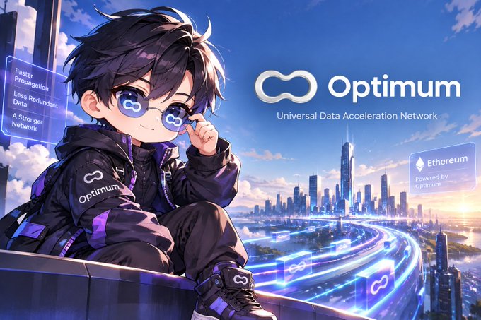 An anime-style illustration featuring a character with glasses labeled 'Optimum' and the tagline 'Universal Data Acceleration Network', set against a futuristic cityscape with an 'Ethereum Powered by Optimum' label.