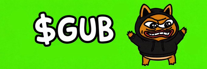A cartoon orange fox character in a black hoodie stands next to "$GUB" text on a green background.