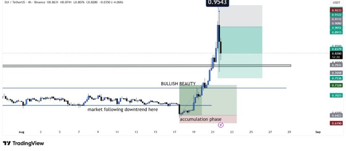 A TradingView 4-hour chart of $SUI/USDT on Binance shows the price breaking out of a "BULLISH BEAUTY" accumulation phase around $0.64 before rallying to a high of $0.9543, with annotations indicating a market-following downtrend that led into the accumulation zone before the explosive move. The chart visually supports the post's claim of a breakout from $0.64 to $0.95, with current price action pulling back toward the $0.79–$0.80 support area noted as key for a potential retest of highs.
