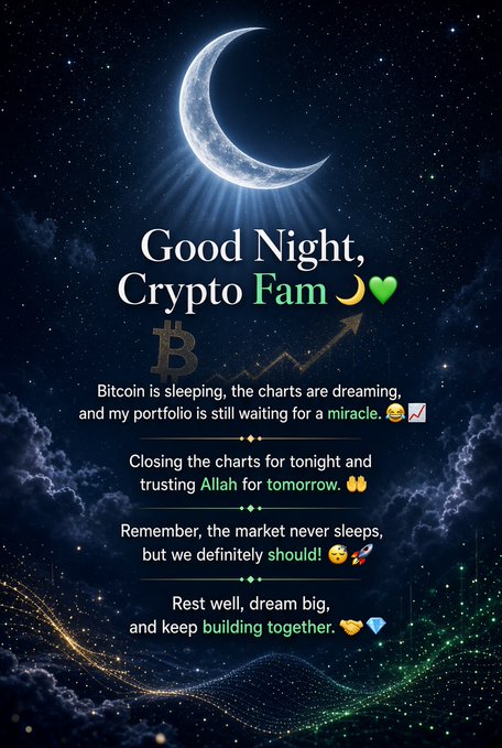 A nighttime 'Good Night, Crypto Fam' graphic featuring a crescent moon, a Bitcoin symbol, and uplifting messages about the market with various emojis.