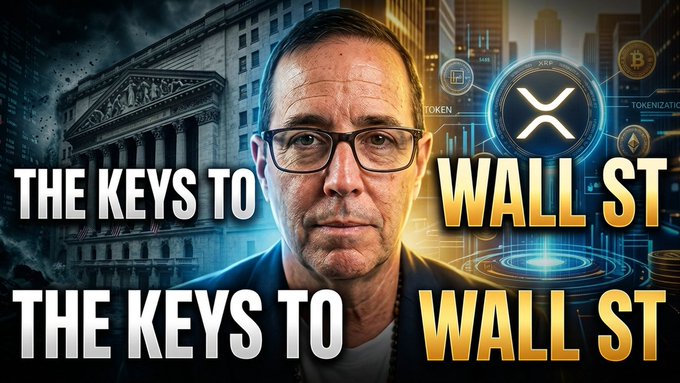 A promotional graphic featuring a man with glasses against a backdrop of Wall Street, with the XRP logo and cryptocurrency coins, overlaid with the text "THE KEYS TO THE KEYS TO WALL ST WALL ST."