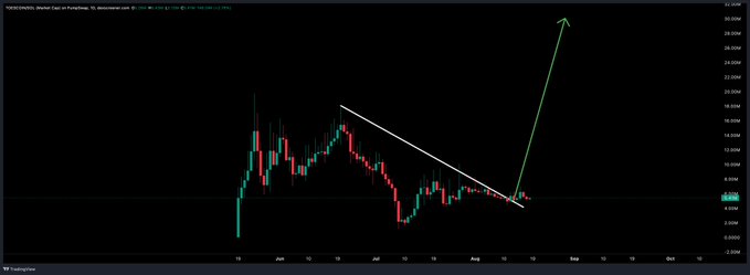 A daily candlestick chart of POPCAT/USD on Coinbase shows the price consolidating in a descending wedge pattern between roughly $4 and $12 from mid-May through early August, with a large green arrow projecting a sharp breakout to around $30, illustrating the bullish meme coin setup referenced in the post.