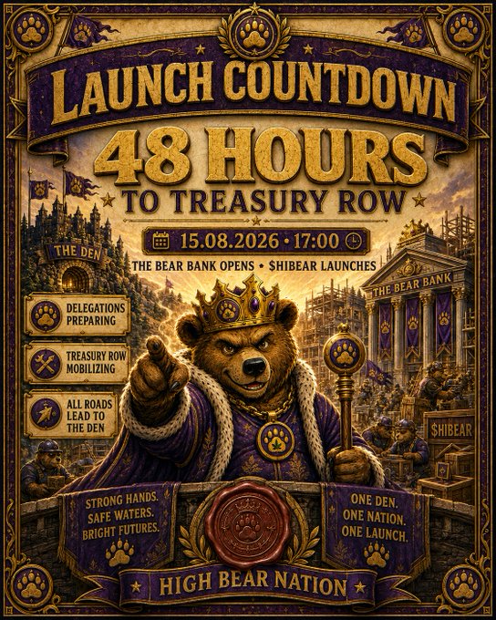 An ornate poster reading 'LAUNCH COUNTDOWN 48 HOURS TO TREASURY ROW' dated '15.08.2026', featuring a crowned bear holding a scepter and pointing forward, with text including 'HIGH BEAR NATION' and 'THE BEAR BANK'.