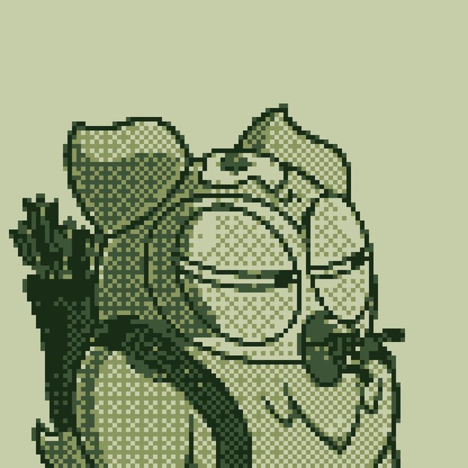 A pixel art illustration of a greenish-tan bear-like character wearing a backpack.