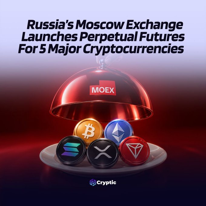 The image features a serving cloche with the MOEX logo lifting to reveal five cryptocurrency coins (Bitcoin, Ethereum, Solana, XRP, and TRON) on a plate, with text reading "Russia's Moscow Exchange Launches Perpetual Futures For 5 Major Cryptocurrencies." The graphic visually represents the launch of perpetual futures contracts for $BTC, $ETH, $SOL, $XRP, and $TRX, as detailed in the accompanying post.