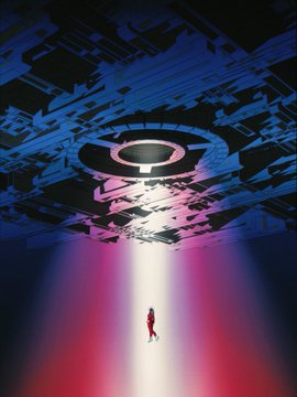 A small red humanoid figure stands beneath a glowing circular light in a dark, futuristic environment featuring an abstract, fragmented ceiling with blue and purple hues.