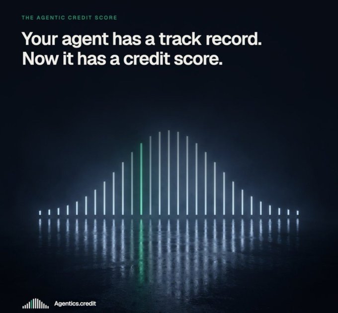 A dark promotional graphic for 'THE AGENTIC CREDIT SCORE' reading 'Your agent has a track record. Now it has a credit score.' with a bar-graph soundwave design and 'Agentics.credit' logo.