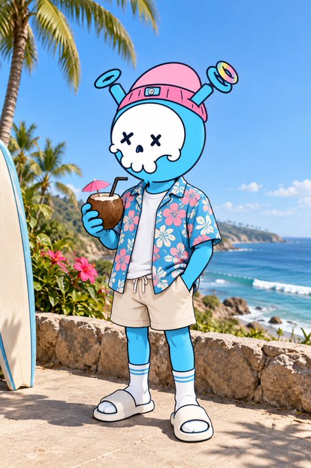 A cartoon character with a skull face, wearing a pink cap, floral Hawaiian shirt, and beige shorts, holding a coconut drink with a pink umbrella at a tropical beach.