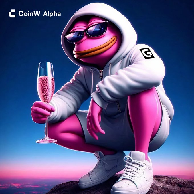 A 3D-rendered advertisement for 'CoinW Alpha' featuring a pink, frog-like character wearing sunglasses, a white hoodie, white sneakers, and holding a glass of sparkling wine against a twilight sky.