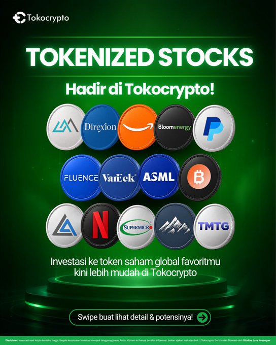 A promotional graphic from Tokocrypto announcing 'TOKENIZED STOCKS' availability, featuring circular logos of various companies including Direxion, Amazon, Blooomenergy, PayPal, Fluence, VanEck, ASML, Bitcoin, Alphabet, Netflix, Supermicro, and TMTG, with Indonesian text at the bottom.