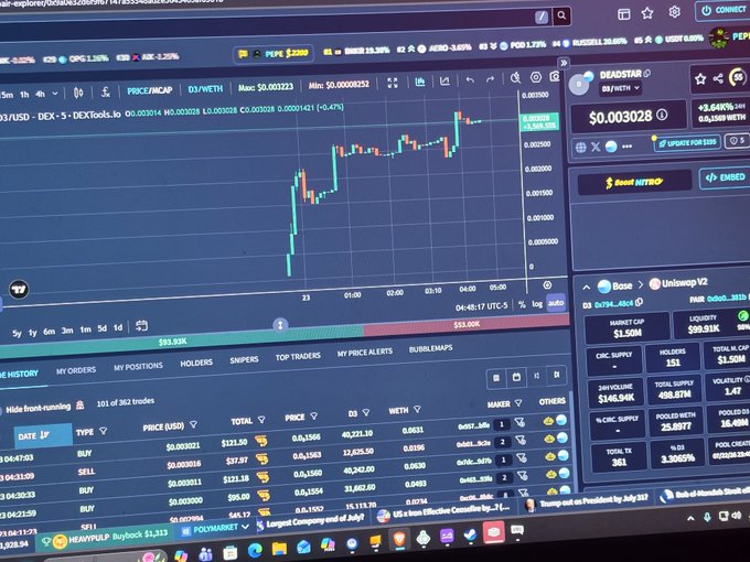 A computer monitor displays a DEXTools trading chart for the PEPE/WETH pair, showing PEPE at $0.00000268 with a 4.64% gain and a 24-hour volume of $93.92K, alongside a "DEADSTAR" token panel. The post references contract address 0x794C29C0B5ec64359E1451f700635C348a8948C4 and the #D3 ticker, suggesting the user is monitoring this specific token's performance and waiting for the influencer to post about it before making a trade.