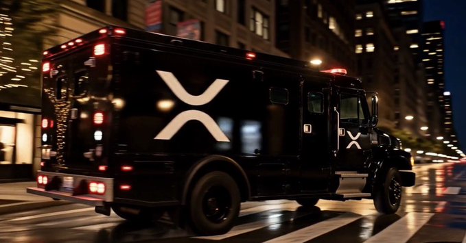 A black armored truck with the XRP logo drives through a city street at night, visually reinforcing the post's crypto-themed message.