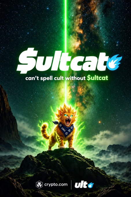 A promotional poster for '$ultcat' token on crypto.com/ult, featuring an orange cat character with sunglasses and a bandana standing on a rocky mountain, with the tagline 'can't spell cult without $ultcat'.