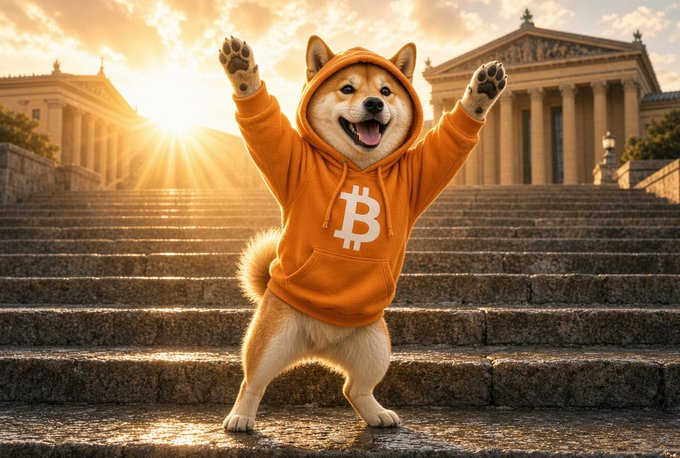 A Shiba Inu dog wearing an orange Bitcoin hoodie stands on stone steps with arms raised triumphantly against a sunset backdrop with classical architecture.