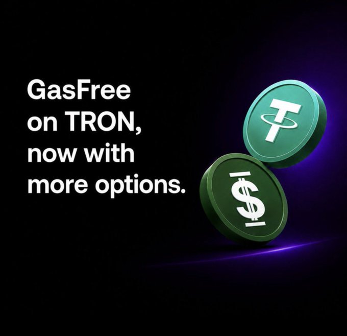 The promotional image displays the text "GasFree on TRON, now with more options." alongside two green 3D coins—one featuring the Tether (USDT) logo and the other marked with a dollar sign—set against a dark background with purple accents. The visual aligns with the post's theme of decentralized finance security by highlighting TRON's gas-free transaction feature, which uses stablecoins like USDT to eliminate network fees, addressing a key efficiency concern in DeFi infrastructure.