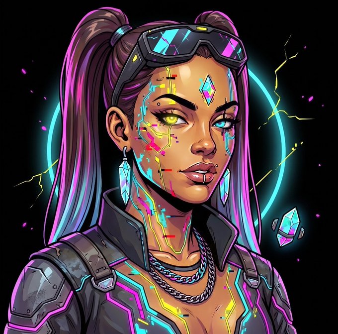 A vibrant digital illustration of a cyberpunk woman with glowing circuit-like facial markings, neon goggles, and crystal earrings, set against a black background with lightning effects.