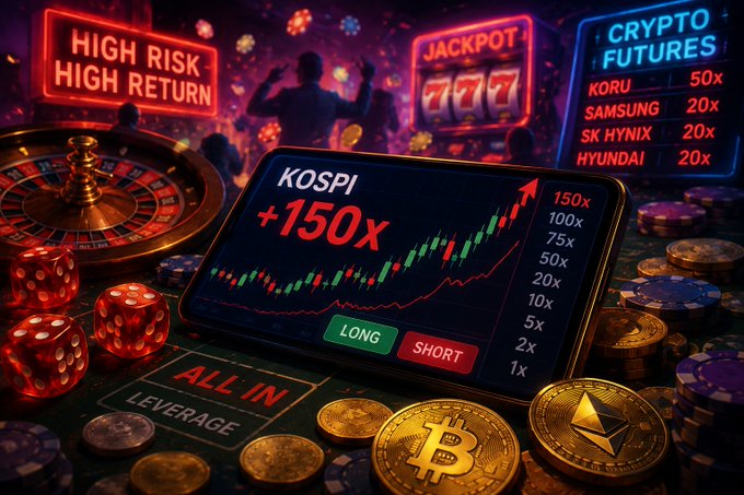 A high-risk crypto trading scene featuring a phone displaying 'KOSPI +150x' with Long/Short buttons, a roulette wheel, dice, slot machines labeled 'JACKPOT', and a 'Crypto Futures' board showing KORU 50x, SAMSUNG 20x, SK HYNIX 20x, and HYUNDAI 20x.