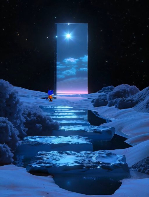 A surreal nighttime landscape features stone steps leading up a snowy hill toward a glowing portal showing a starry sky, with a small blue character standing before it.