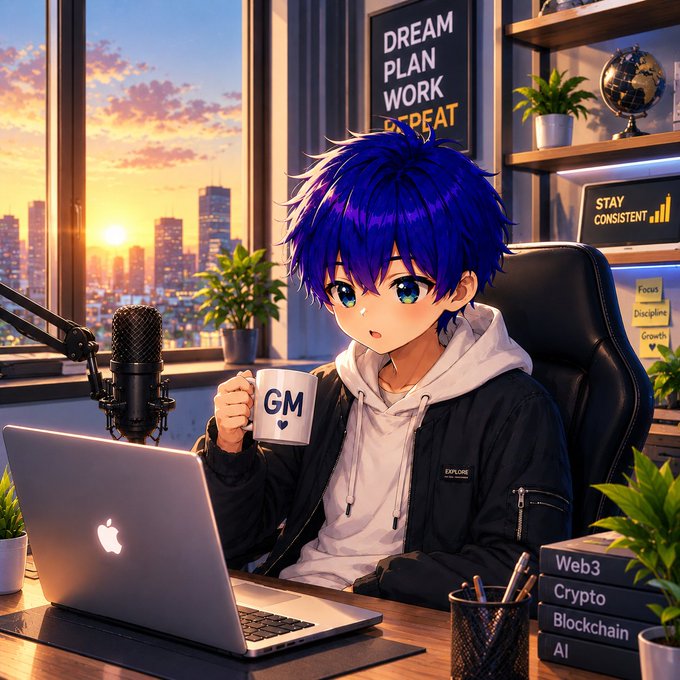 An anime-style illustration of a blue-haired boy holding a 'GM' mug at a laptop with Web3/Crypto/Blockchain/AI books visible.