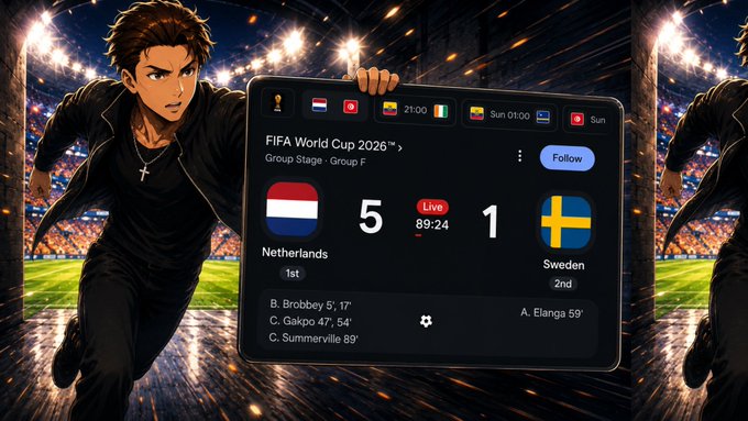 The image features a man holding up a sign with the text "Netherlands 5 - 1 Sweden" written on it. The background of the image shows a soccer field, indicating that this event might be related to a soccer tournament or match between the Netherlands and Sweden. The post also mentions that the prediction is already playing out, which means that the outcome has been confirmed based on the current situation in the image.
