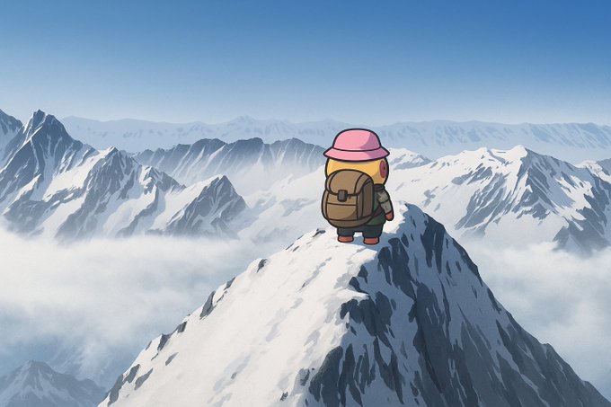 Digital illustration of a cartoon explorer wearing a pink hat and backpack, standing at the peak of a snowy mountain range surrounded by clouds.