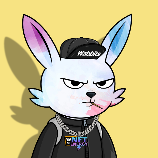 An animated white rabbit NFT character wearing a black 'Wabbits' cap, gold chains, and a black jacket with an 'NFT ENERGY' logo, with a red lipstick mark on its face.