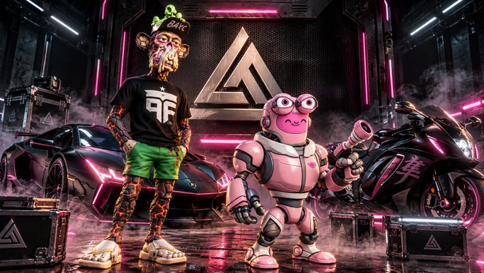 A digital artwork features a lava-textured humanoid wearing a "DAYG" cap and "FF" shirt standing next to a pink robot holding a gun, with a sports car, motorcycle, and triangular logo in the neon-lit background.