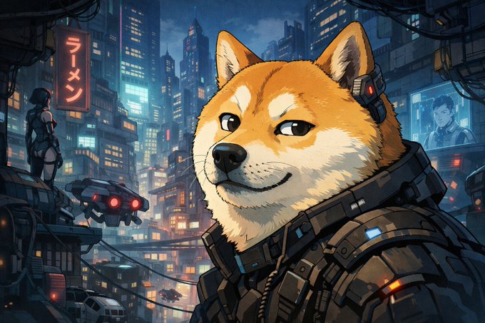 A cyberpunk-style digital illustration featuring a Shiba Inu dog wearing futuristic armor and tech implants, set against a backdrop of a neon-lit cityscape.