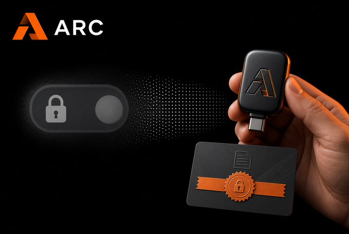 Promotional graphic for 'ARC' featuring a hand holding a small device with the ARC logo, alongside a security/lock graphic and a decorative card with a seal.