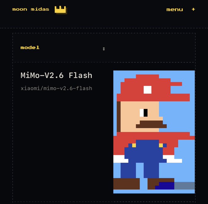 A dark-themed app interface for "moon midas" displaying the MiMo-V2.6 Flash AI model with a pixel art rendering of Mario dressed as a cowboy.