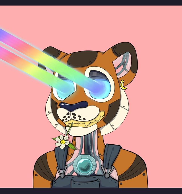 A cartoon tiger character with cybernetic features shoots rainbow laser beams from its eyes while holding a flower in its mouth, wearing overalls with a glowing teal emblem. The image illustrates the post's celebration of joining the WildTigers NFT community, with the tiger character symbolizing the NFT now owned in the user's HashPack HBAR wallet.