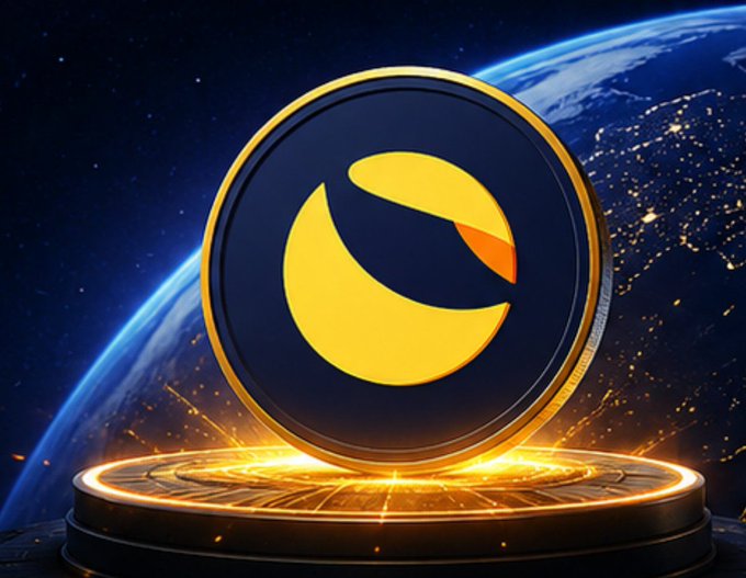 A 3D rendered golden coin featuring a yellow and orange logo displayed on a circular platform with Earth visible in the background.