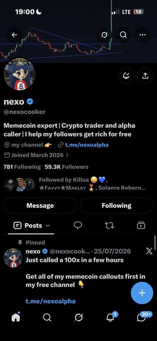 Twitter/X profile page for 'nexo' (@nexocooker), a self-described memecoin expert with 59.3K followers, joined March 2026.