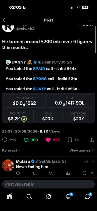 A mobile Twitter/X screenshot showing a post about turning $200 into 6 figures, with references to $PAID, $PONS, and $KATE tokens, and a reply from 'Mufasa @SolMufasa' saying 'Never fading him'.
