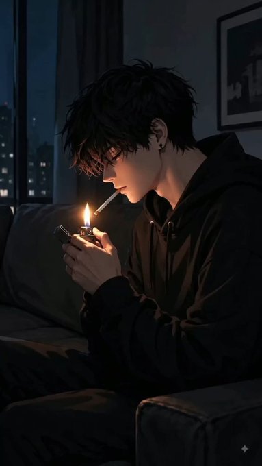 A dark, moody illustration of a young man with messy hair wearing a black hoodie, lighting a cigarette at night with city lights visible through a window behind him.