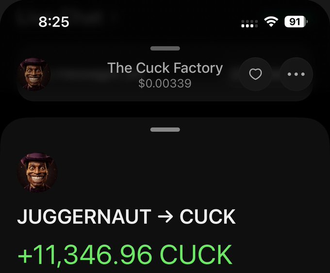A smartphone screenshot showing a meme token trade, with 'The Cuck Factory' priced at $0.00339 and a profit of '+11,346.96 CUCK' from a JUGGERNAUT to CUCK swap.
