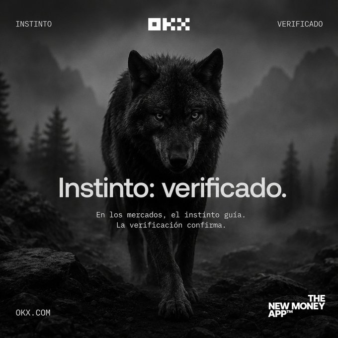 A dramatic black-and-white OKX cryptocurrency advertisement featuring a snarling wolf with the Spanish text 'Instinto: verificado' and tagline 'En los mercados, el instinto guía. La verificación confirma.'